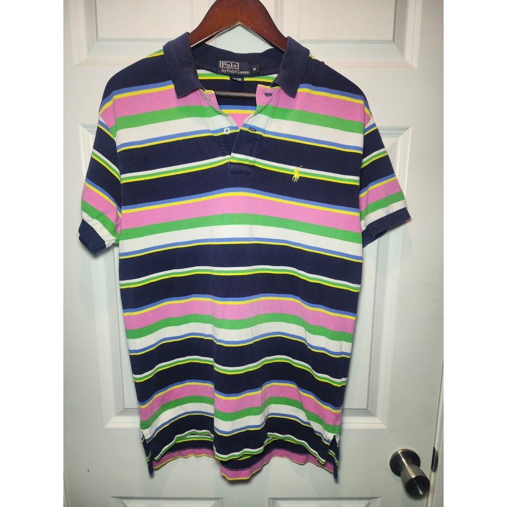 Vintage 90s Polo Ralph Lauren Mens Medium Multi Color Striped Cotton Polo Shirt